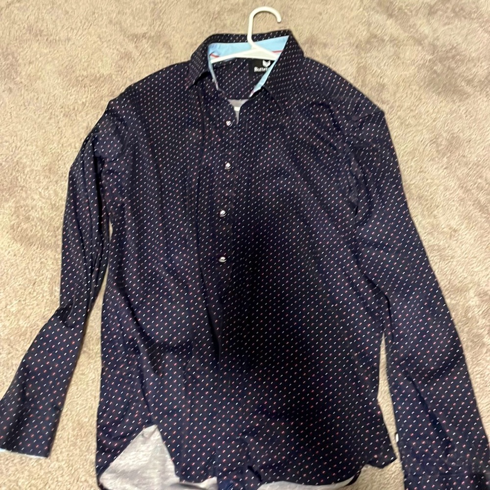 Buttercloth Navy with Red and White dots long sleeve button down
